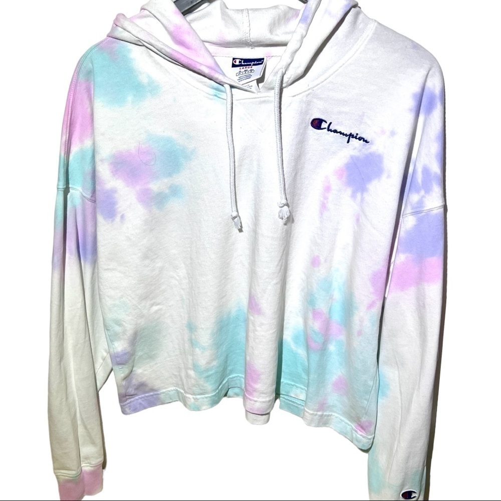 Champion White Tie Dyed Cropped Hoodie Sweatshirt Size Large